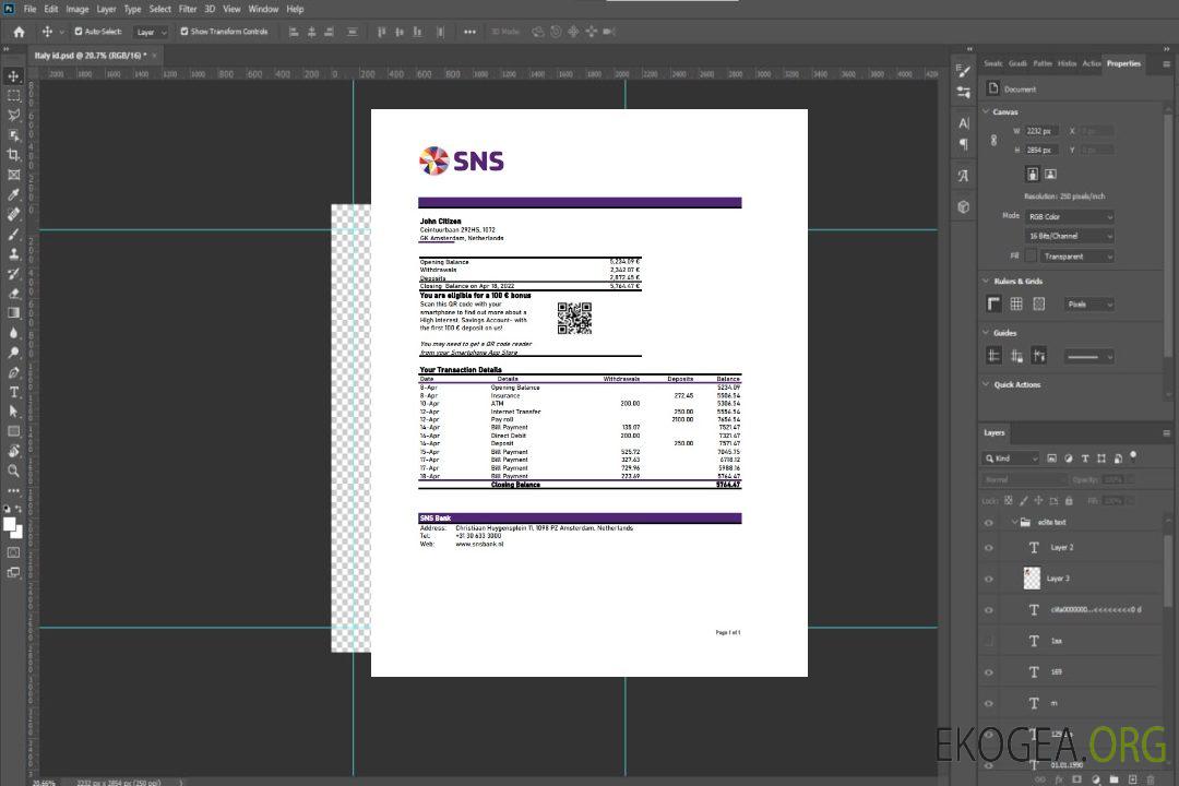 Relevé bancaire SNS des Pays-Bas template